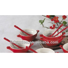 Haonai red ceramic two handle rice/soup bowl with spoon